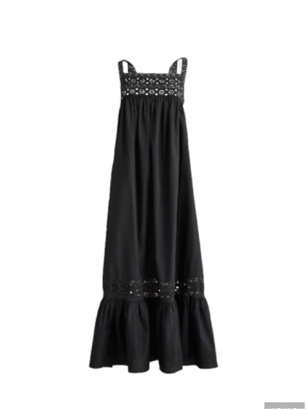 J Crew Athena cotton maxi dress with lace detail and ruffle hem.